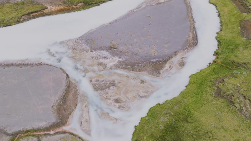 Aerial downward view of sandbanks in river Sanda in the highlands of Iceland.