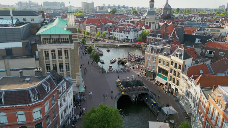 Leisure boats sailing on the canals of Leiden