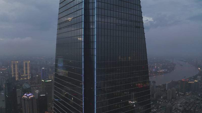 Aerial view of Shanghai skyline and financial district at sunset, China.