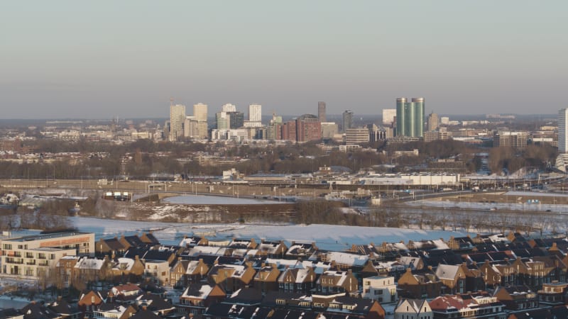 Aerial view snow covered Utrecht with busy traffic near downtown city center