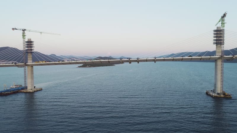 Aerial view of Peljeski bridge, Ston in Croatia.