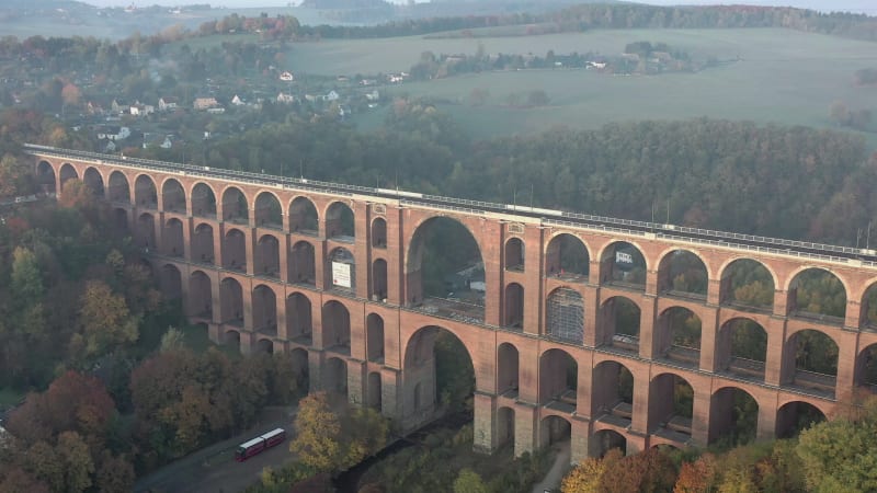 Goltzsch Brick Viaduct in Germany on a Foggy Autumnal Morning Aerial View