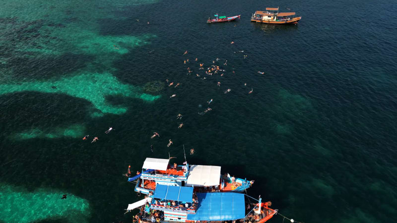 Aerial View of people snorkelling in shark bay on Ko Tao island, Thailand.