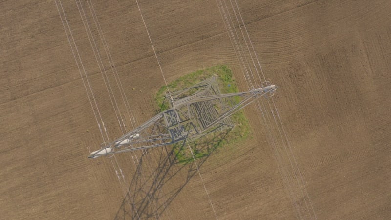 High Voltage Electrical Pylon Close Up Aerial View