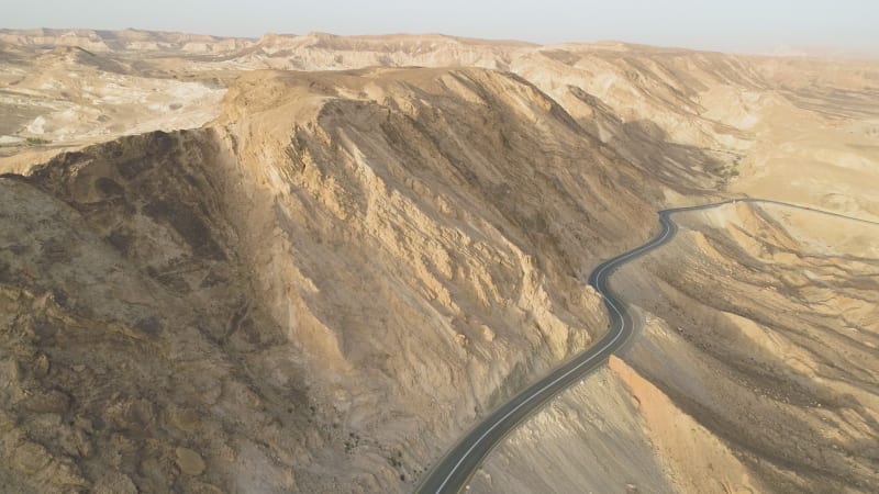 Aerial view of a mountain road in the desert, Negev, Israel.