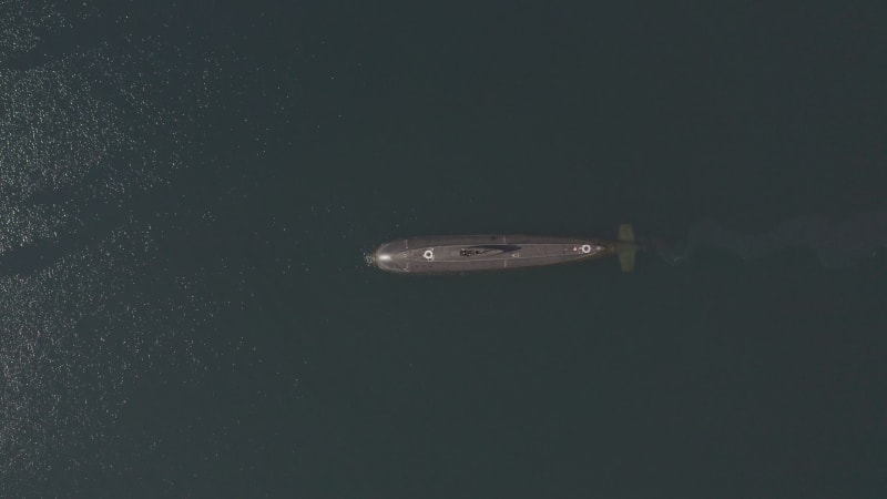 Aerial view of a submarine sailing in Vladivostok, Russia.