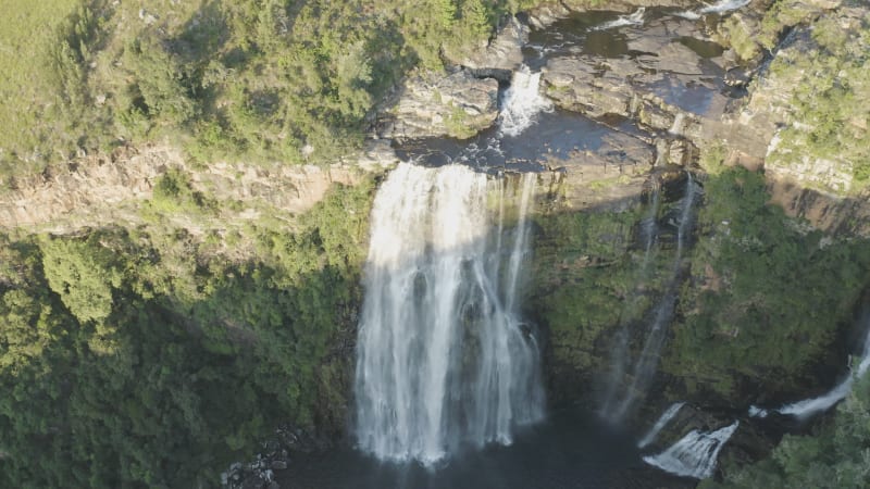 Aerial View of river falls in the forest in Thaba Chweu NU, South Africa.