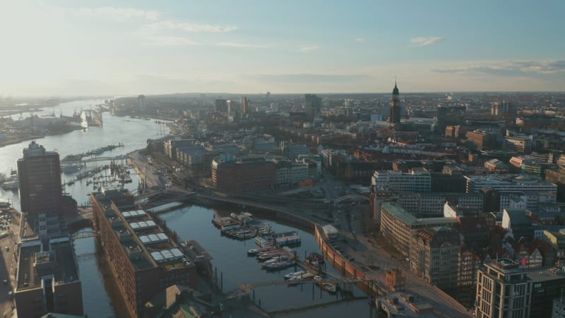 Aerial view of traditional buildings and famous landmarks by the river Elbe in Hamburg port