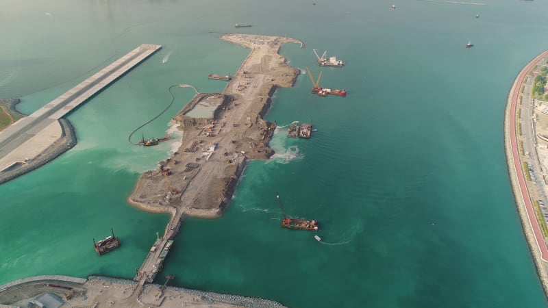 Aerial view of artificial island under constructi.