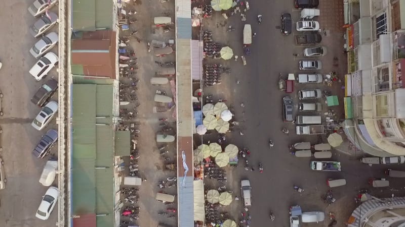 Aerial view above of crowded street market.