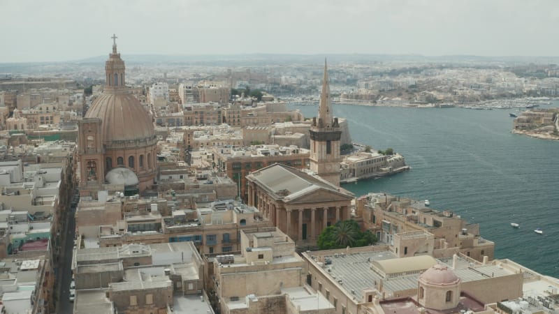 Beautiful Church in Valletta, Malta, Madonna tal Karmnu Basilica of our lady of mount carmel, Aerial Slide right wide view