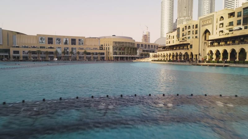 Aerial high-dynamic-range image of people visiting the Dubai fountain.