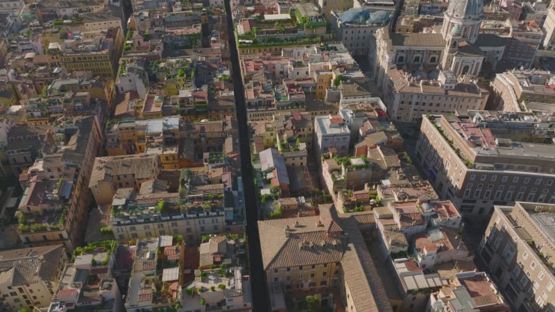 High angle view of rooftop terraces with green plants. Tilt up revealing panoramic view of historic urban borough with famous landmarks. Rome, Italy