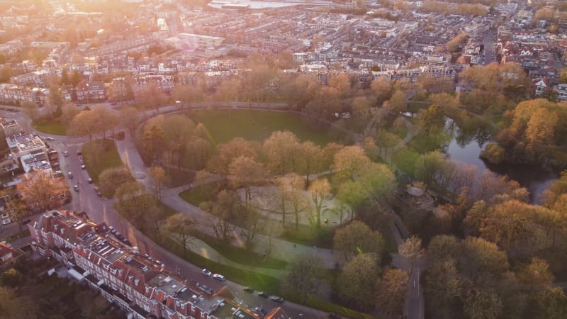 Aerial flyby footage over Wilhelmina park in Utrecht, Netherlands