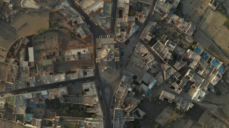 Church in Center of Gozo, Malta Island Small Township in Brown and Beige Sand Color, Aerial Birds Eye Overhead Top Down View