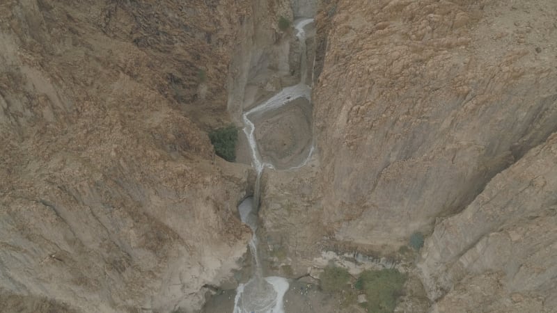 Aerial view of a waterfall in a desert, Israel.