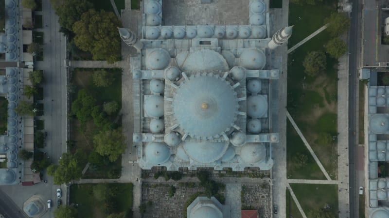 Mosque Roof and Towers Architecture Masterpiece in beautiful light Blue and Gold Colors, Aerial Birds Eye Overhead Top down View