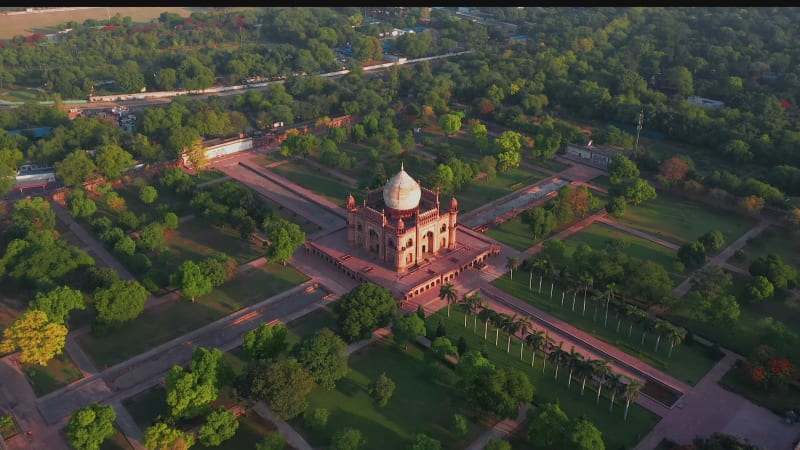 Aerial view of Safdarjung Tomb on sunny day in Delhi.