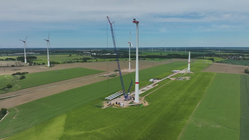 Aerial View of wind turbine during maintenance, Krummensee, Werneuchen.