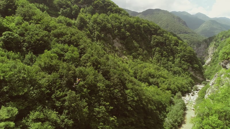 Aerial view of a person riding on zipline flying through the forest.