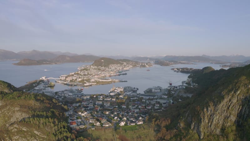 Alesund City on the West Coast of Norway at Sunset Aerial View