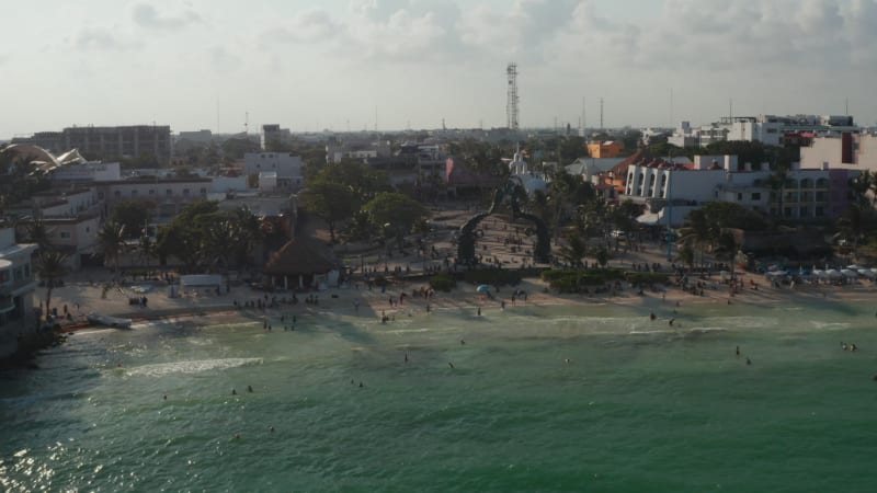 Aerial cityscape of Playa del Carmen on the Riviera Maya with the Portal Maya in focus