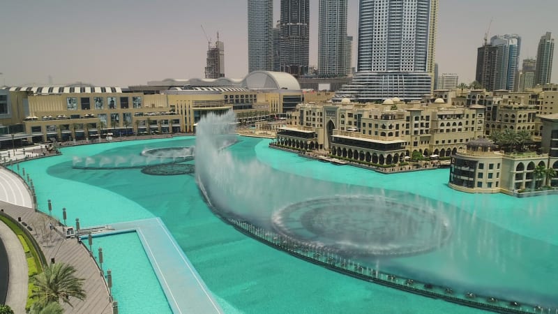 Aerial high-dynamic-range image of the Dubai fountain.