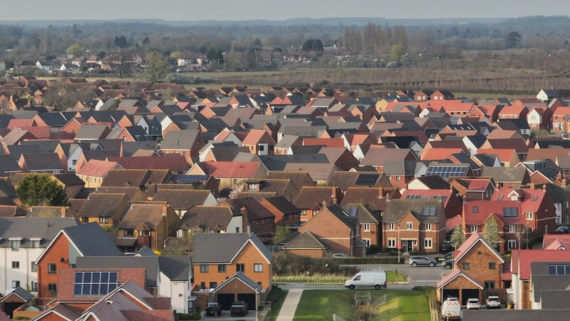 Modern Houses and Homes on a UK New Build Estate Seen From The Air