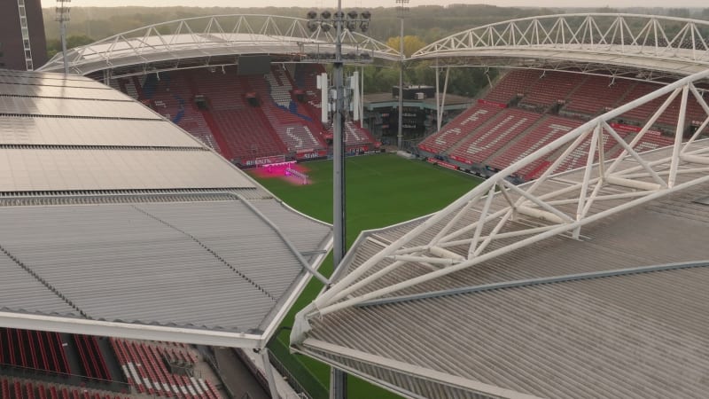 Aerial shot of stadium light poles at the soccer field of FC Utrecht in the Galgenwaard stadium