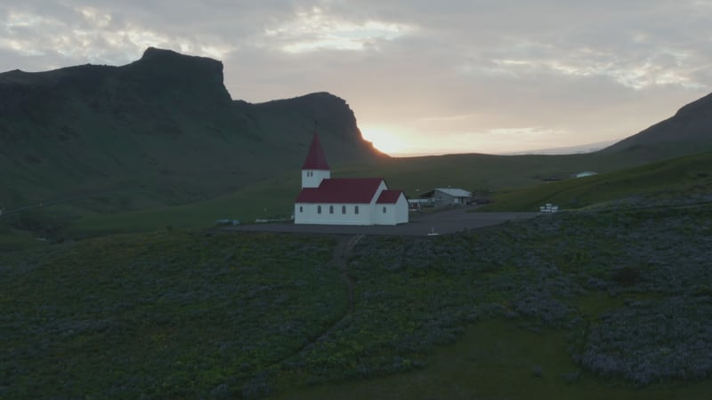 Drone view of Myrdal church of Vik village in Iceland. Vik Church in Vik I Myrdal southernmost village of Iceland