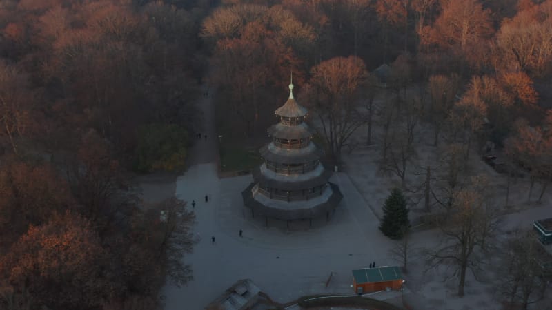 The Chinese Tower in Autumn in English Garden in Munich, Germany surrounded by beautiful Orange Trees in Public Park Forest, Aerial High Angle View