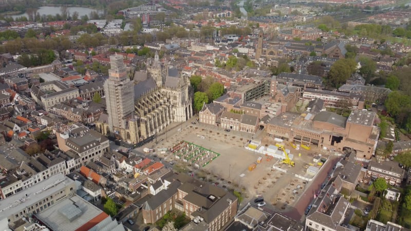Aerial drone panning Sint Janskathedraal church in sHertogenbosch, Netherlands
