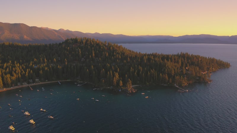 Stunning aerial view of the boats on the shore of the Lake Tahoe