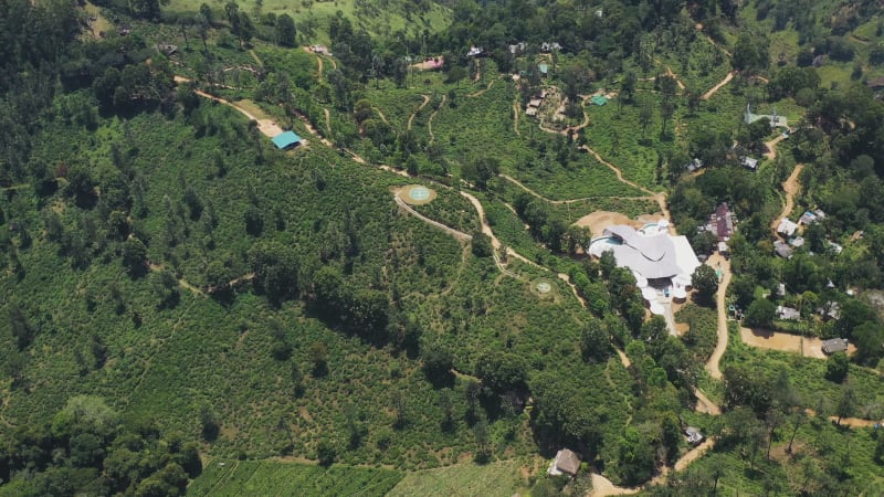 Aerial view of a small settlement near Nuwara Eliya, Sri Lanka.