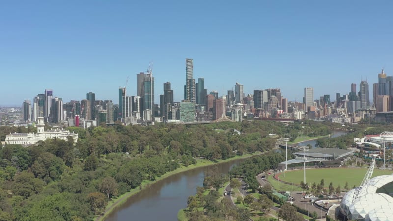 Melbourne City Australia and Yarra River Aerial Reveal