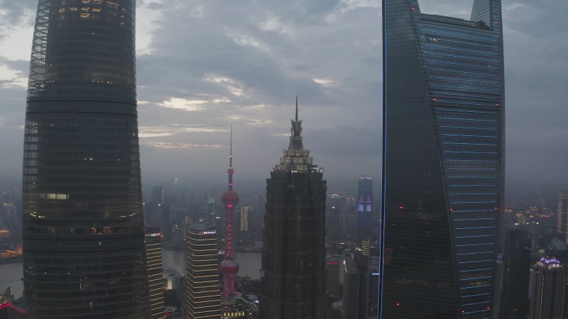 Aerial view of Shanghai skyline and financial district at sunset, China.