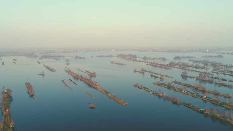 Aerial view of houses on the lake.