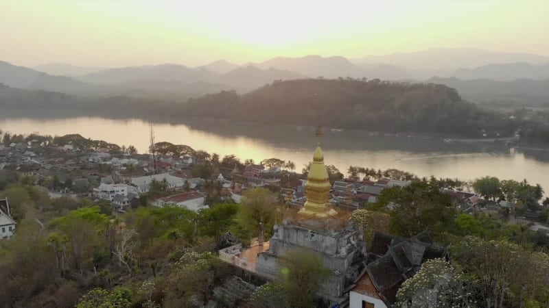 Aerial view of Mount Phousi during sunset in Luang Prabang, Laos