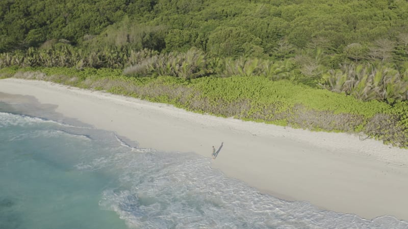 Aerial view of a person walking on the beach of Anse Lazio, Seychelles.