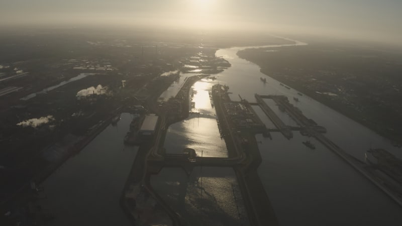 Aerial view of the port of Rotterdam, Netherlands.