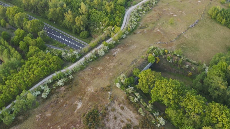 Aerial View Of Ecoduct / Wildlife Bridge Crossing A Highway