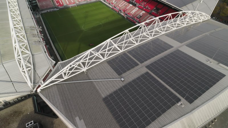 Aerial shot of solar panel roof at the soccer field of FC Utrecht in the Galgenwaard stadium