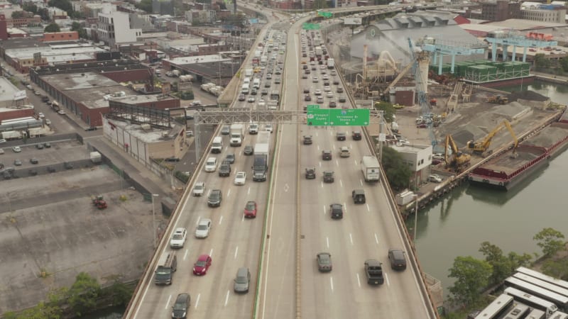 Over New York City Highway with busy car traffic on Grey day