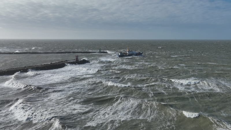 Ship Sailing off Scheveningen Beach, Netherlands