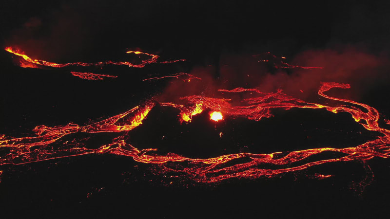 Aerial view of Fagradallsfjall volcano during an eruption, Iceland.