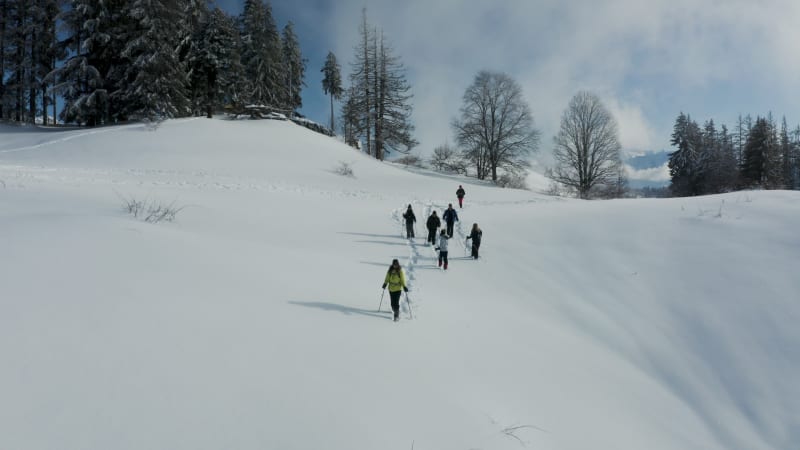 Aerial view of group of friends doing cross country ski in Onnion, France.