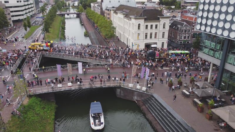 Protesters Marching Across Bridge During Unmute Us Campaign In Utrecht, Netherlands.