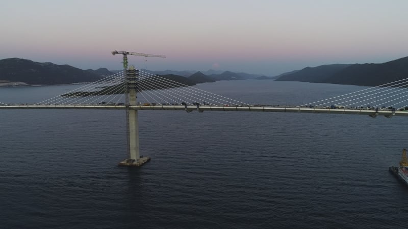 Aerial view of Peljeski bridge, Ston in Croatia.