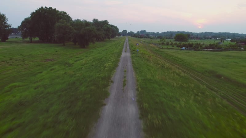 Aerial view of dirt road in rural area at Osijek.