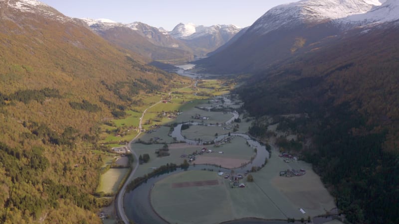 Stryn Town and Valley With Beautiful Winding River in the Early Morning